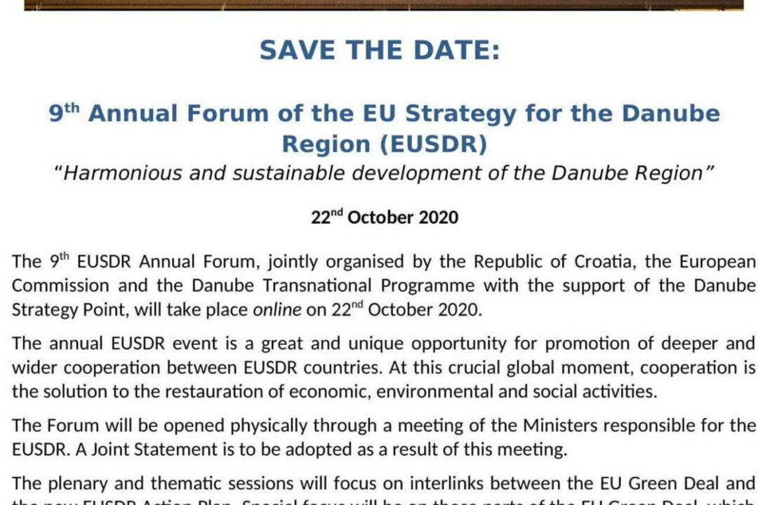 SAVE THE DATE: EUSDR Annual Forum on 22 October 2020